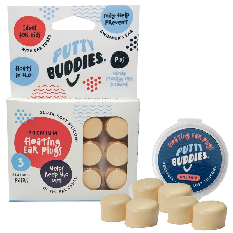 Putty Buddies Earvolution Floating Putty Buddies Swim Earplugs - Doctor-Invented, Made in USA, Moldable Premium Silicone Plugs Help Prevent Swimmer's Ear, 3 Pair Pack - Tan - Image 1